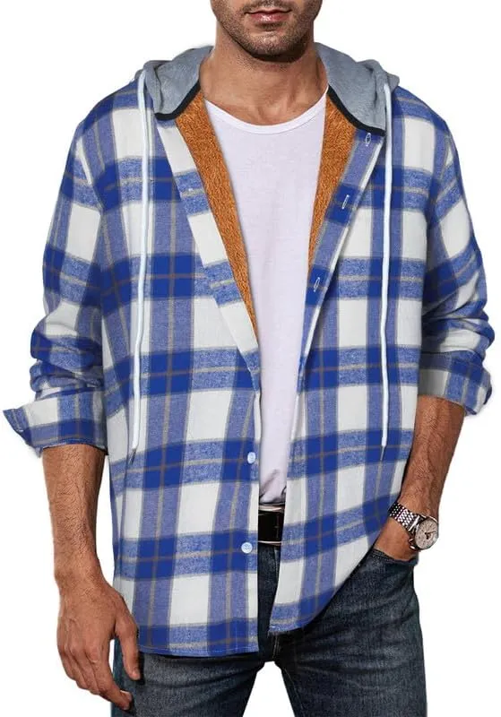 JMIERR Men's Fleece Lined Cotton Shirts Sherpa Casual Button Down Shirt Shackets Flannel Hoodie Plaid Shirts Jacket
