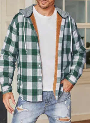 JMIERR Men's Fleece Lined Cotton Shirts Sherpa Casual Button Down Shirt Shackets Flannel Hoodie Plaid Shirts Jacket