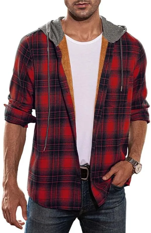 JMIERR Men's Fleece Lined Cotton Shirts Sherpa Casual Button Down Shirt Shackets Flannel Hoodie Plaid Shirts Jacket