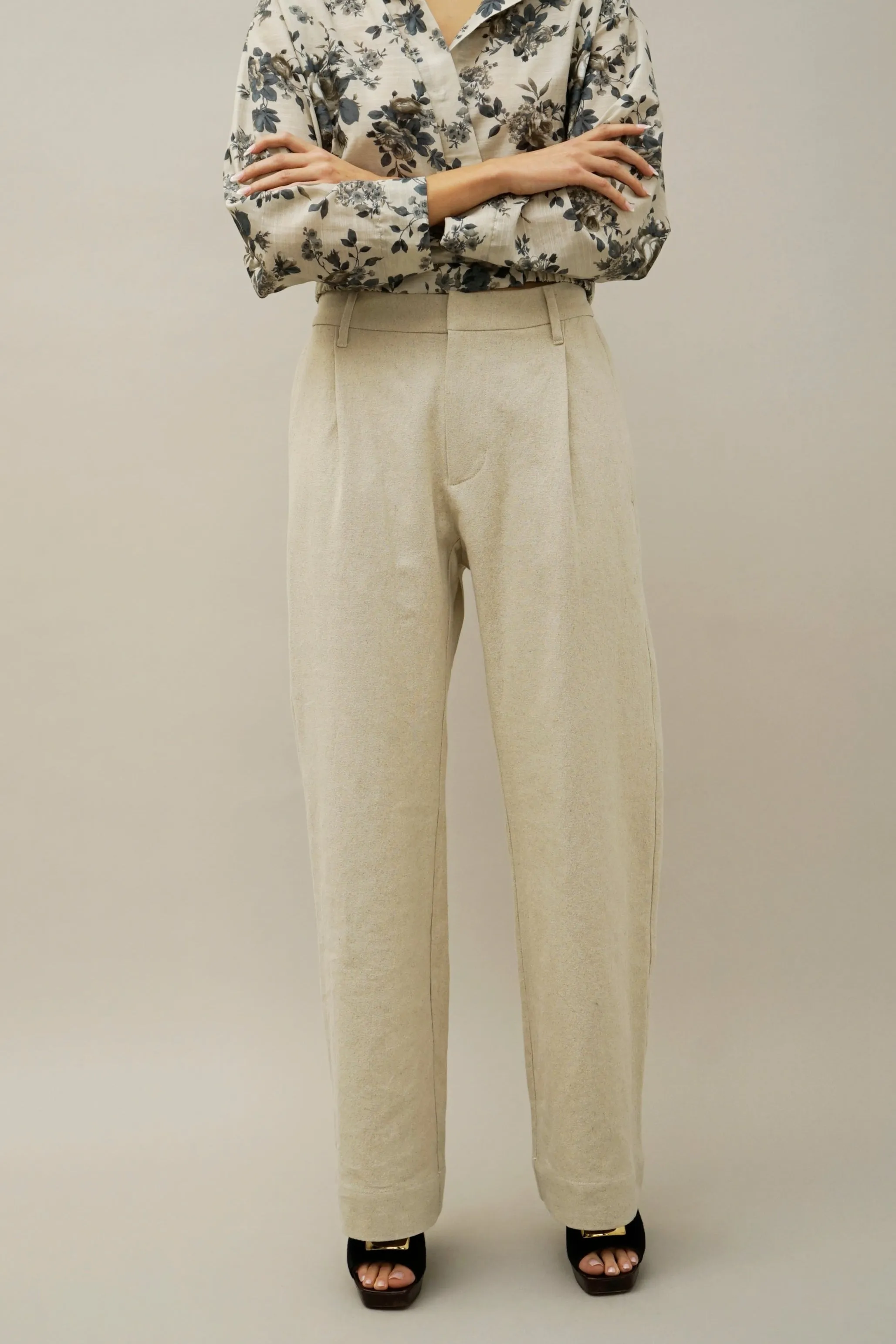 Jonas Beige Wide-Leg Pleated Long Pants