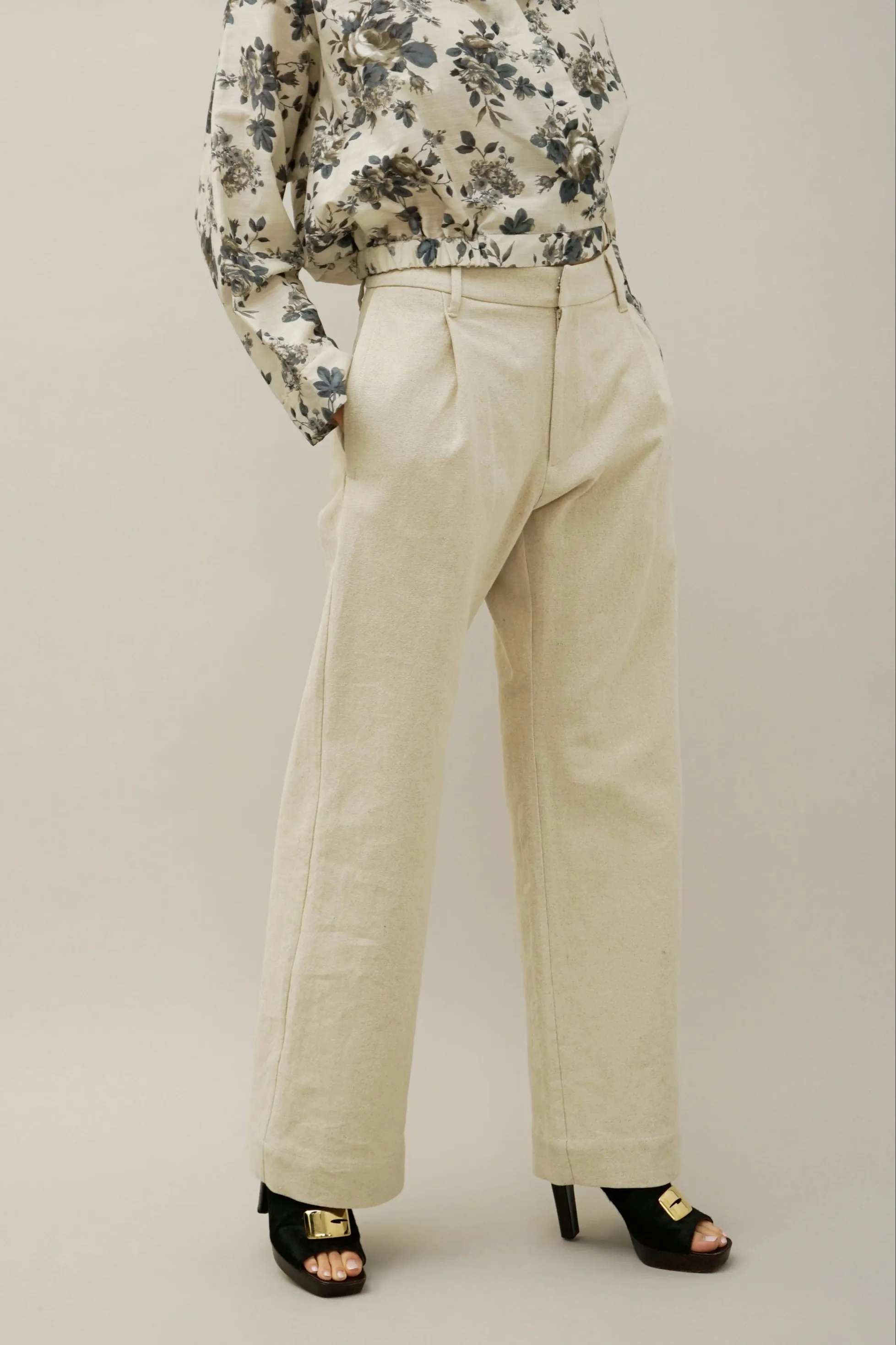 Jonas Beige Wide-Leg Pleated Long Pants