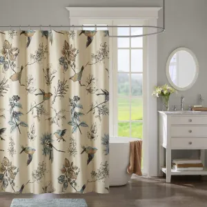 Khaki Blue Birds Floral Pattern Shower Curtain 72"x72" Elegant Kids