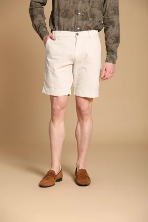 Khinos M74 men's chino bermuda shorts in cotton and hemp blend with herringbone pattern relaxed fit