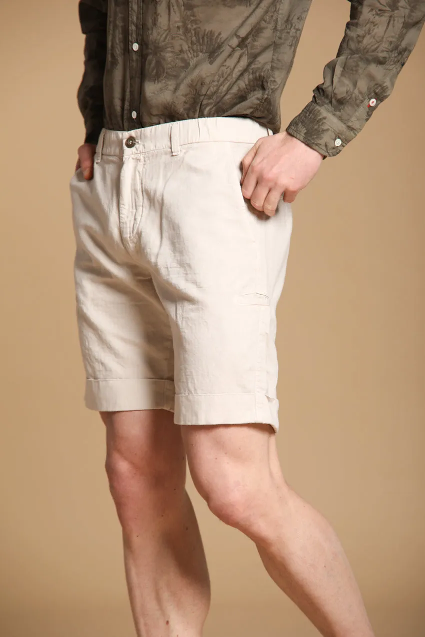 Khinos M74 men's chino bermuda shorts in cotton and hemp blend with herringbone pattern relaxed fit