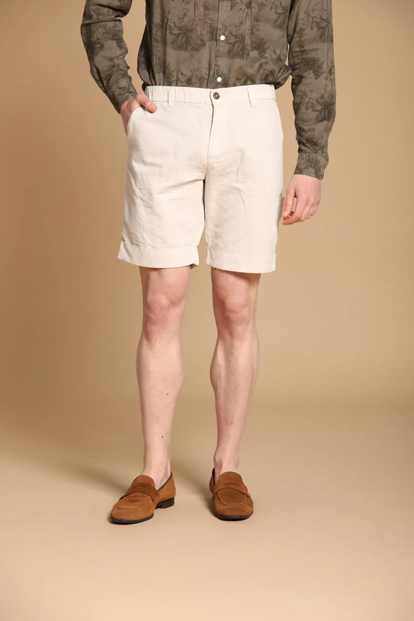 Khinos M74 men's chino bermuda shorts in cotton and hemp blend with herringbone pattern relaxed fit