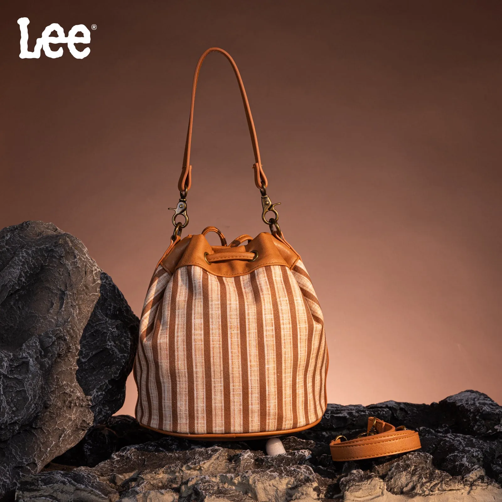 LEE61-002  LEE Striped Canvas Drawstring Hobo Bucket Bag/Crossbody