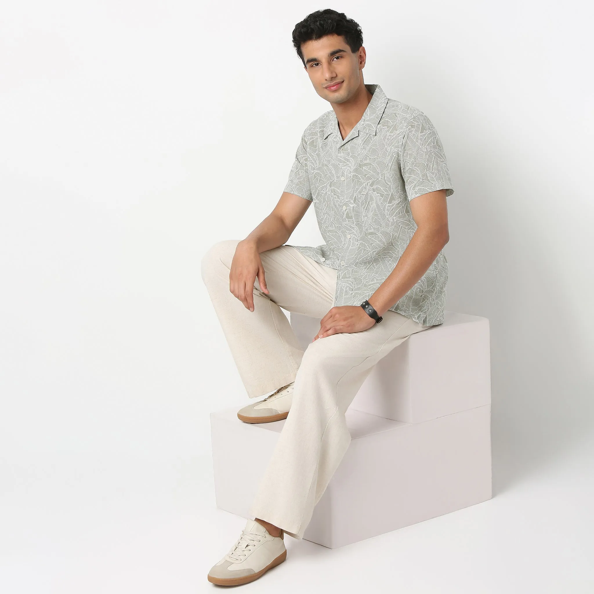 LININᵉˣ Shirts - Linen Enriched * Fine Natural Blend - Printed Half Sleeve Cuban Collar
