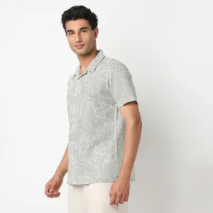LININᵉˣ Shirts - Linen Enriched * Fine Natural Blend - Printed Half Sleeve Cuban Collar