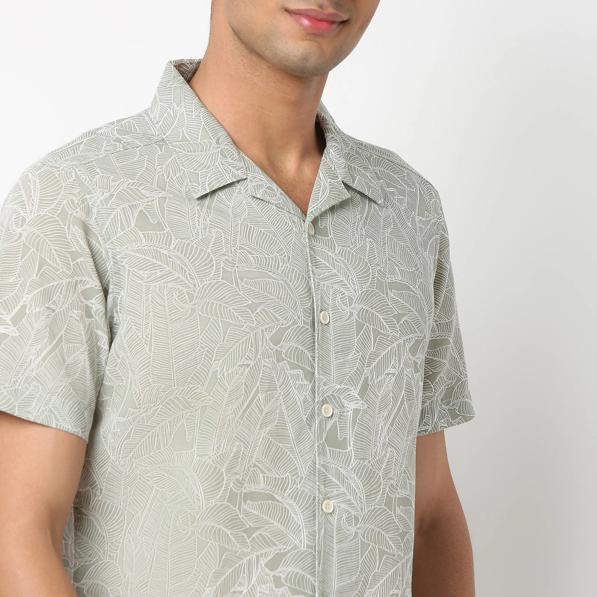 LININᵉˣ Shirts - Linen Enriched * Fine Natural Blend - Printed Half Sleeve Cuban Collar