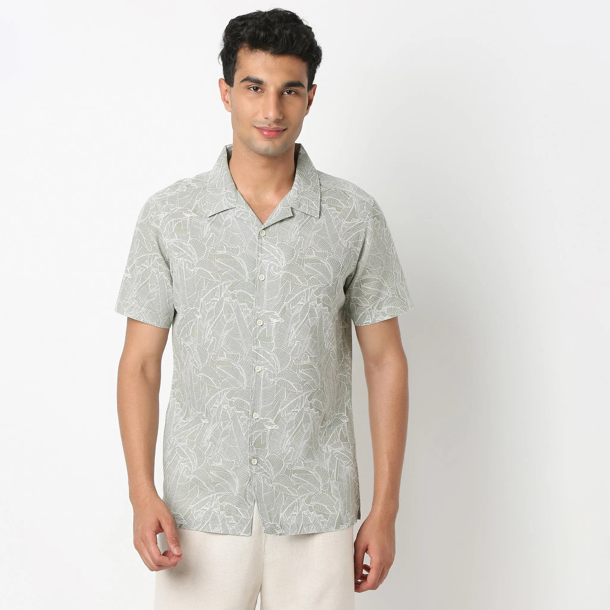 LININᵉˣ Shirts - Linen Enriched * Fine Natural Blend - Printed Half Sleeve Cuban Collar