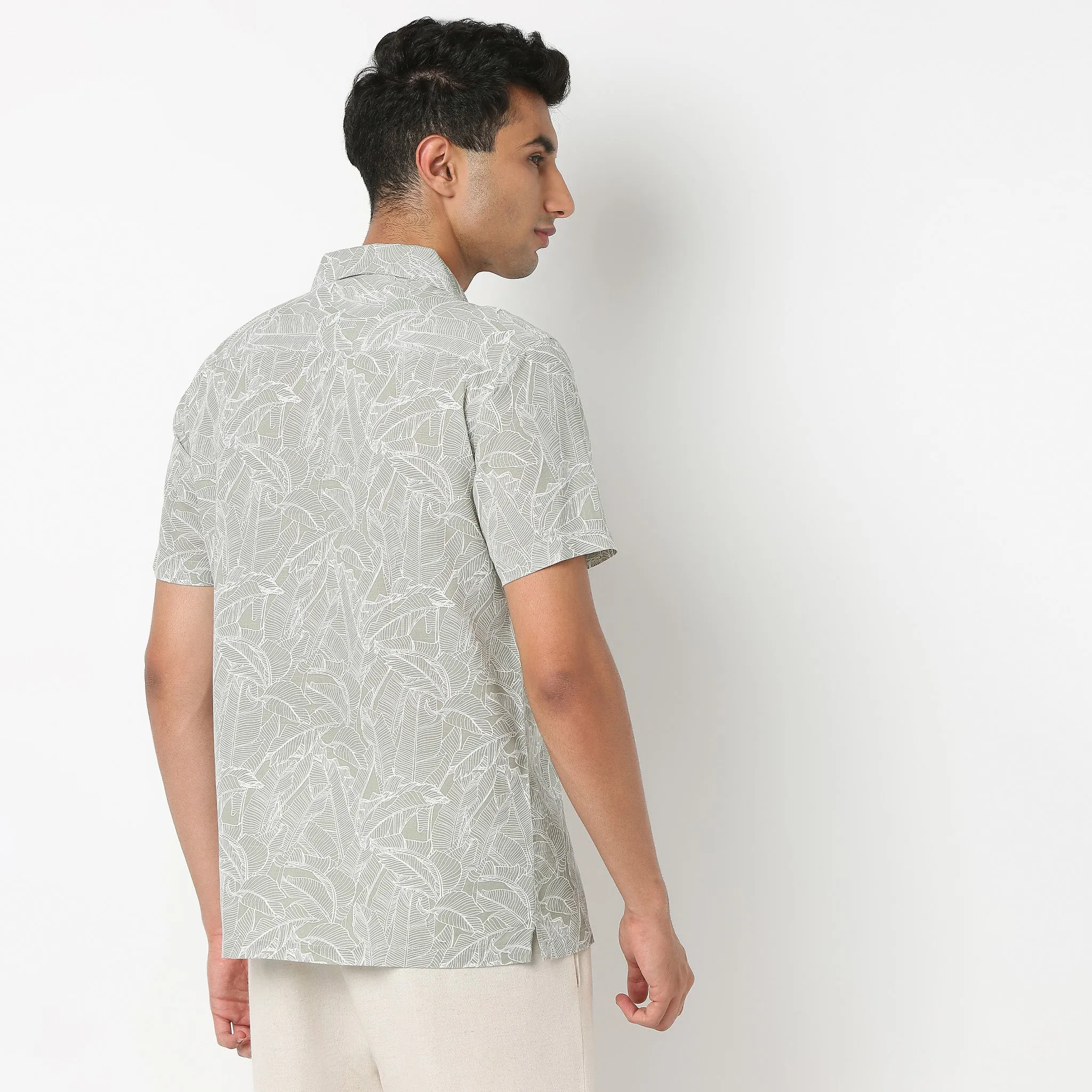 LININᵉˣ Shirts - Linen Enriched * Fine Natural Blend - Printed Half Sleeve Cuban Collar