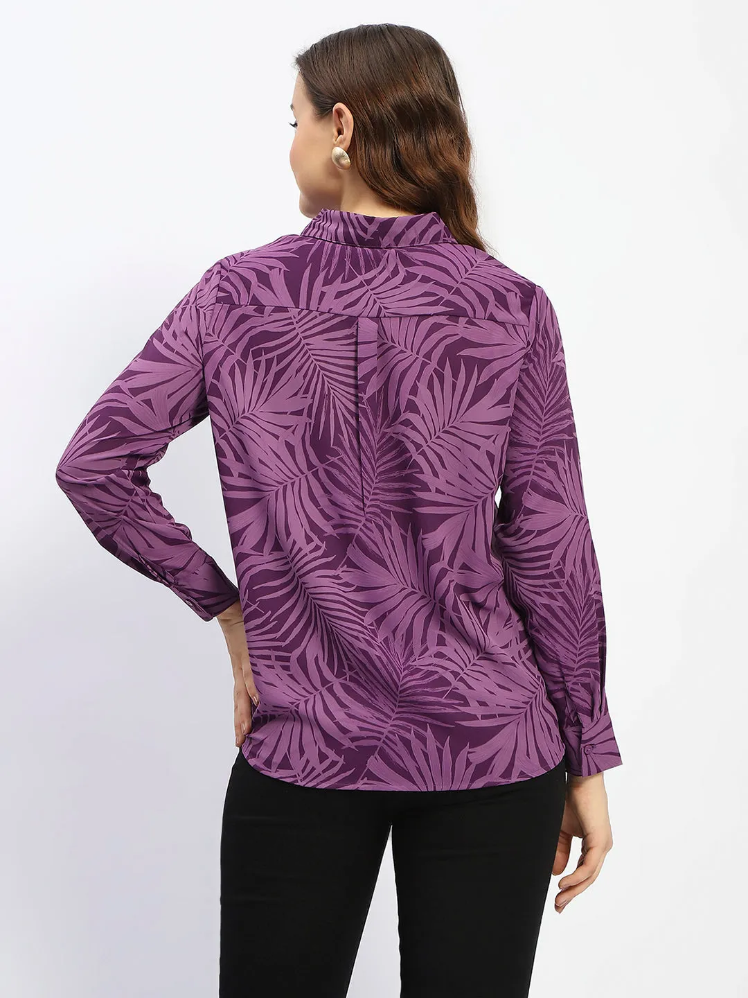 Madame Leaf Print Button-Down Purple Shirt