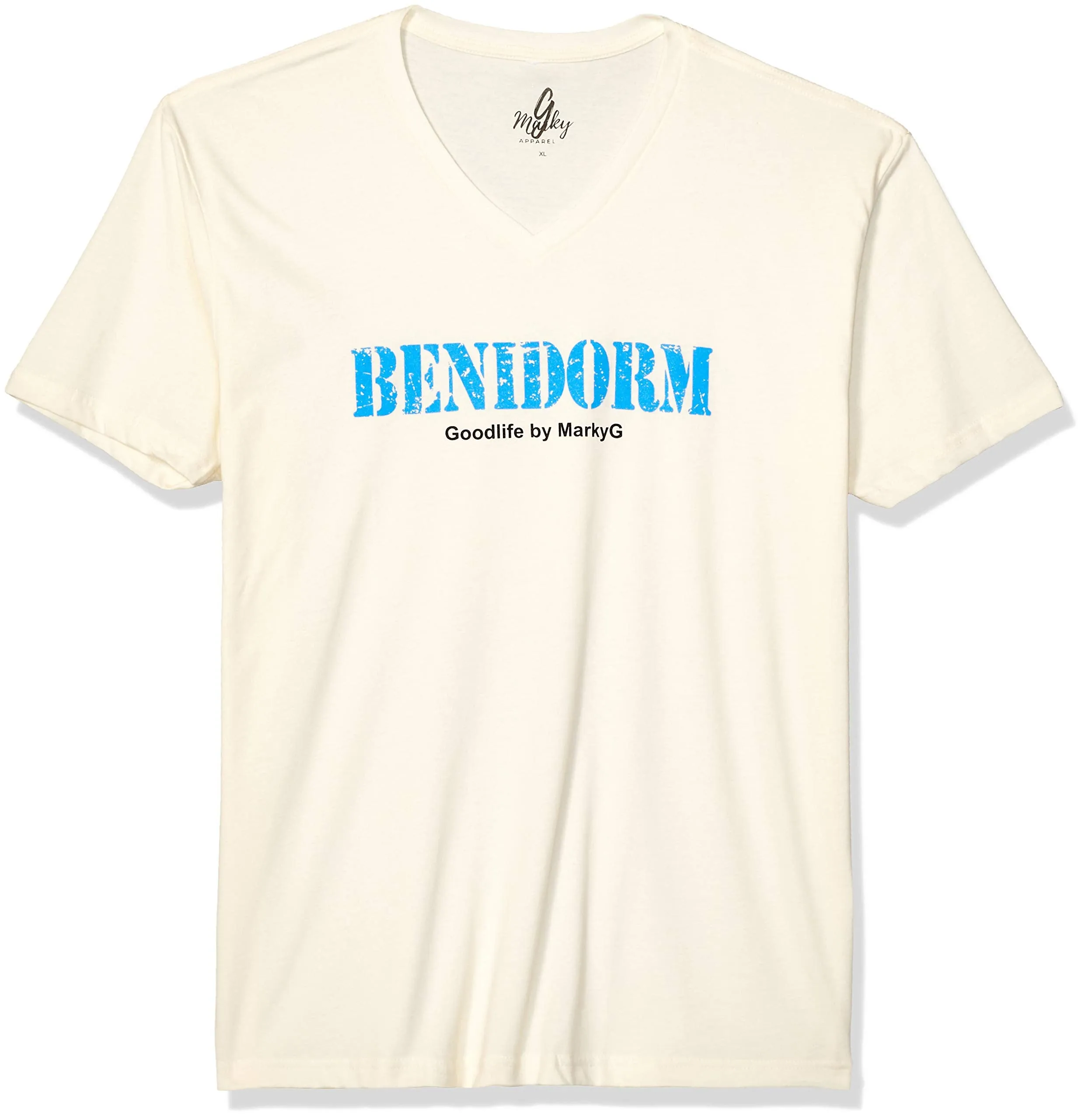 Marky G Apparel Men's Benidorm Graphic Printed Premium Tops Fitted Sueded Short Sleeve V-Neck T-Shirt