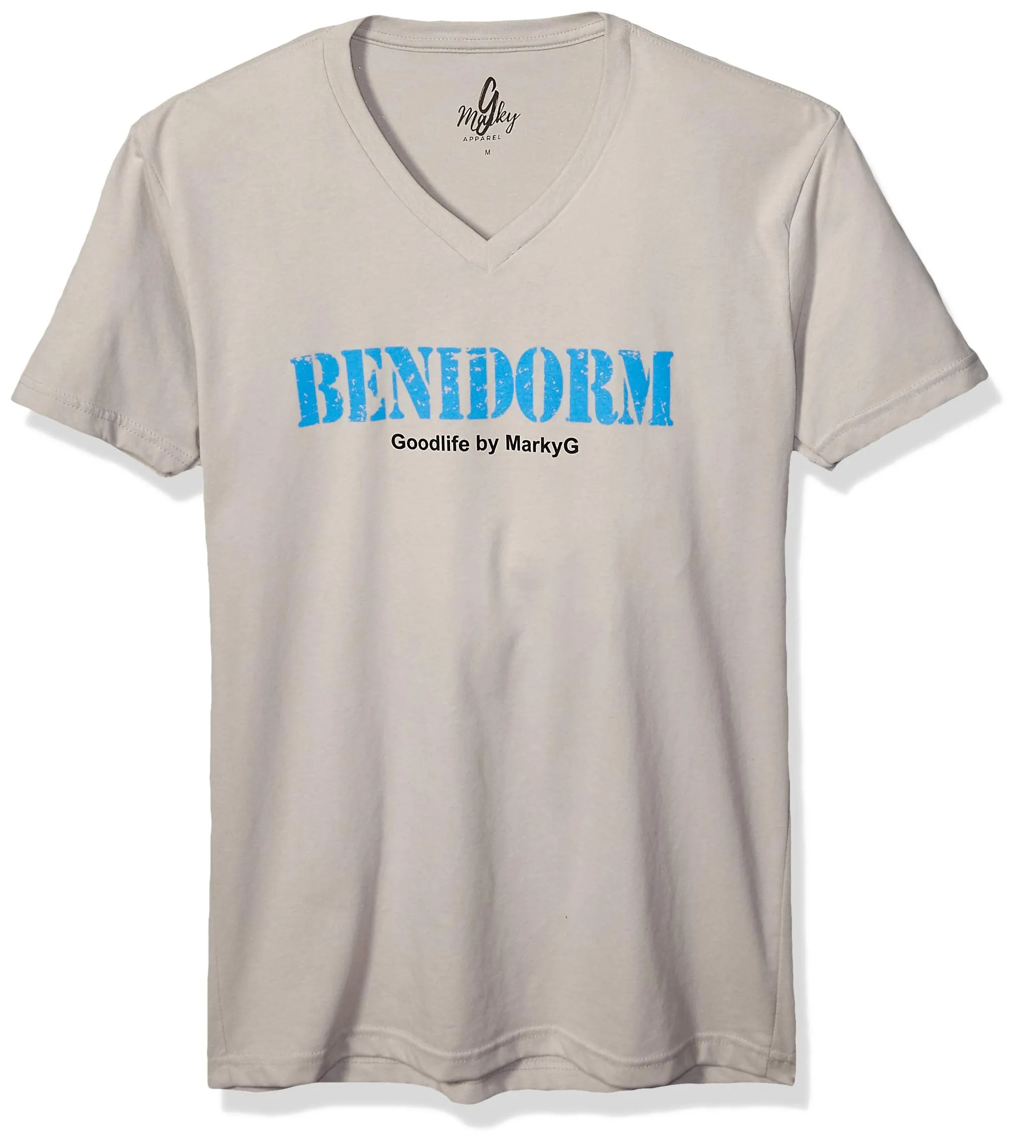 Marky G Apparel Men's Benidorm Graphic Printed Premium Tops Fitted Sueded Short Sleeve V-Neck T-Shirt
