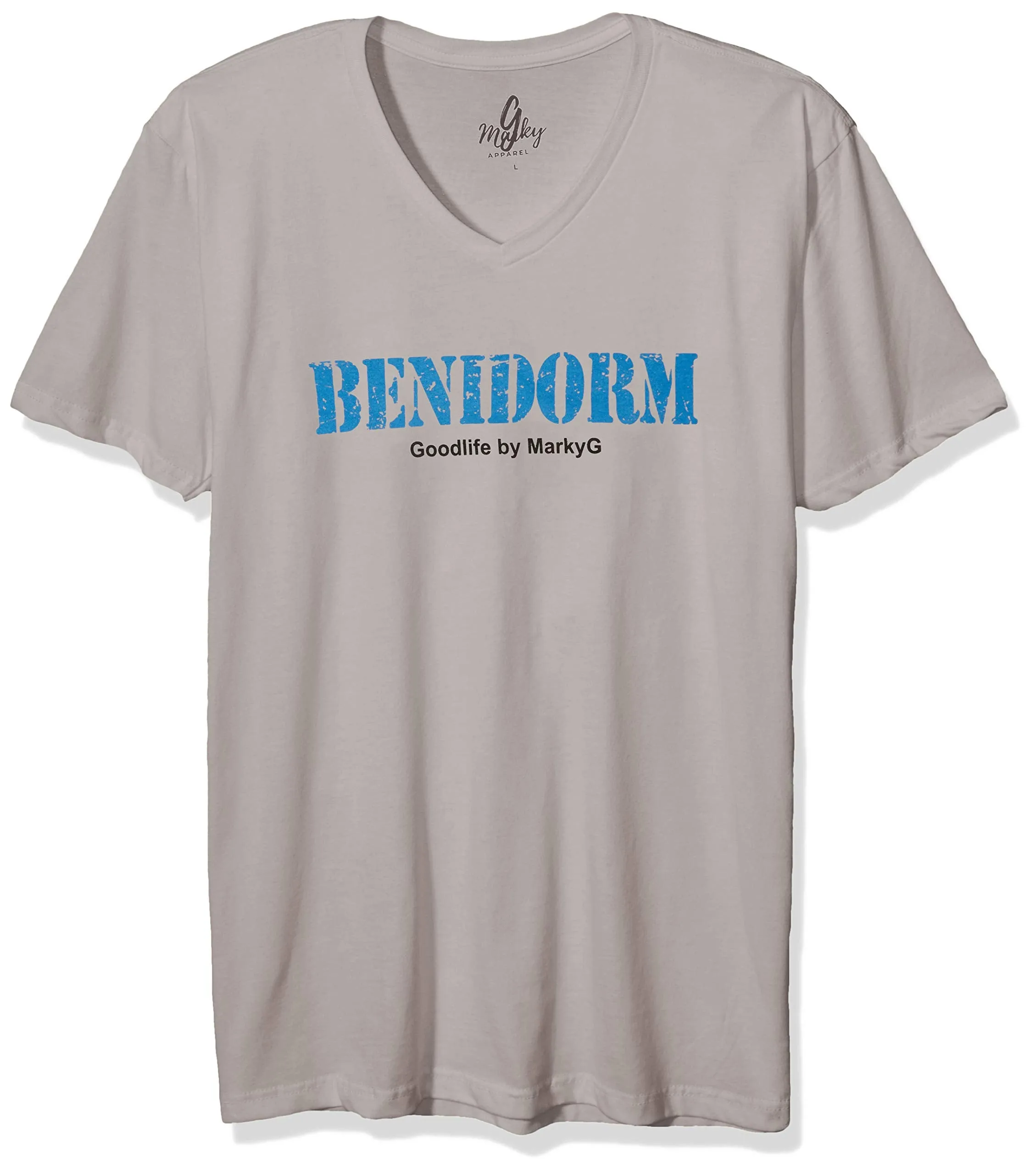 Marky G Apparel Men's Benidorm Graphic Printed Premium Tops Fitted Sueded Short Sleeve V-Neck T-Shirt