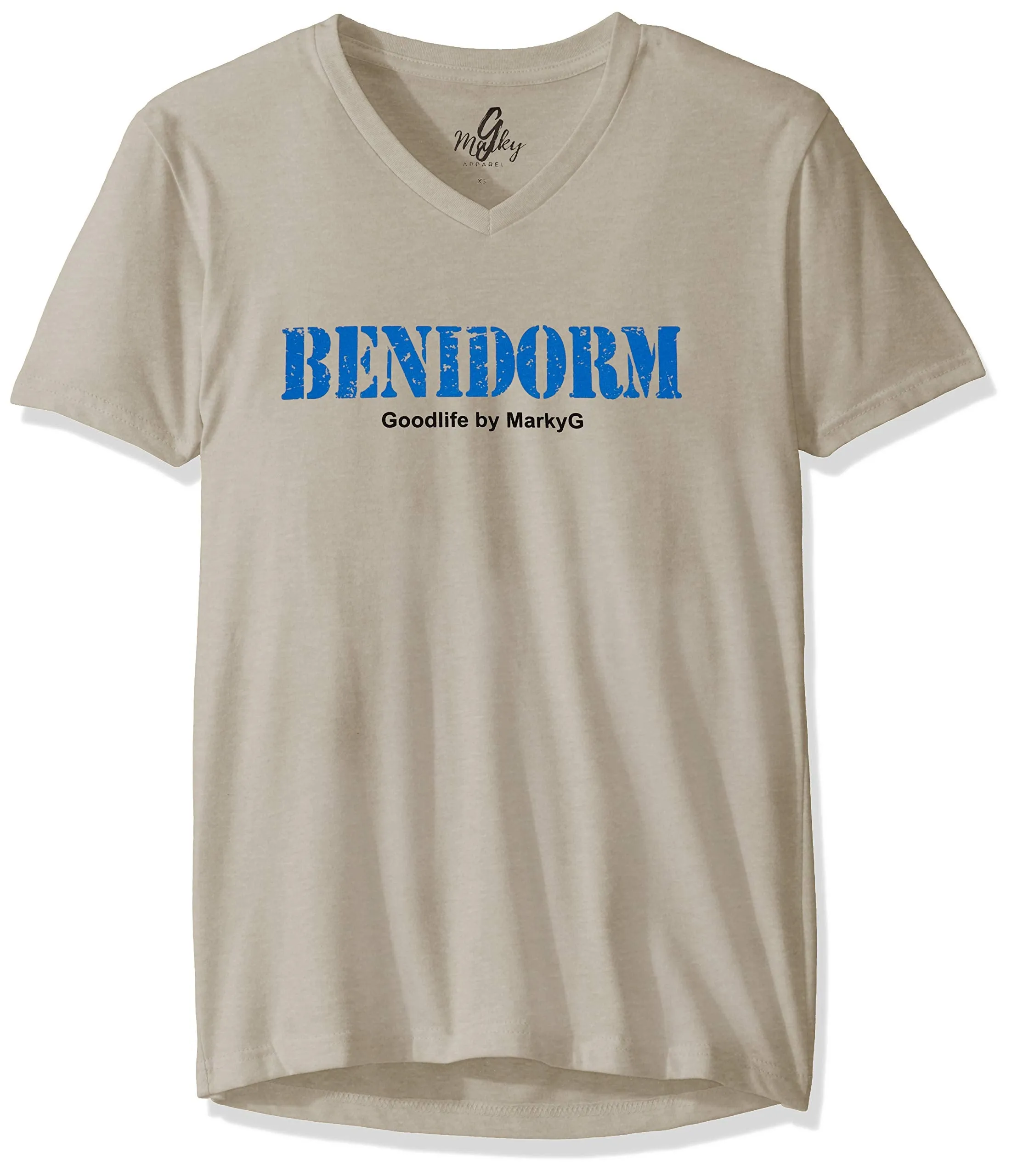 Marky G Apparel Men's Benidorm Graphic Printed Premium Tops Fitted Sueded Short Sleeve V-Neck T-Shirt