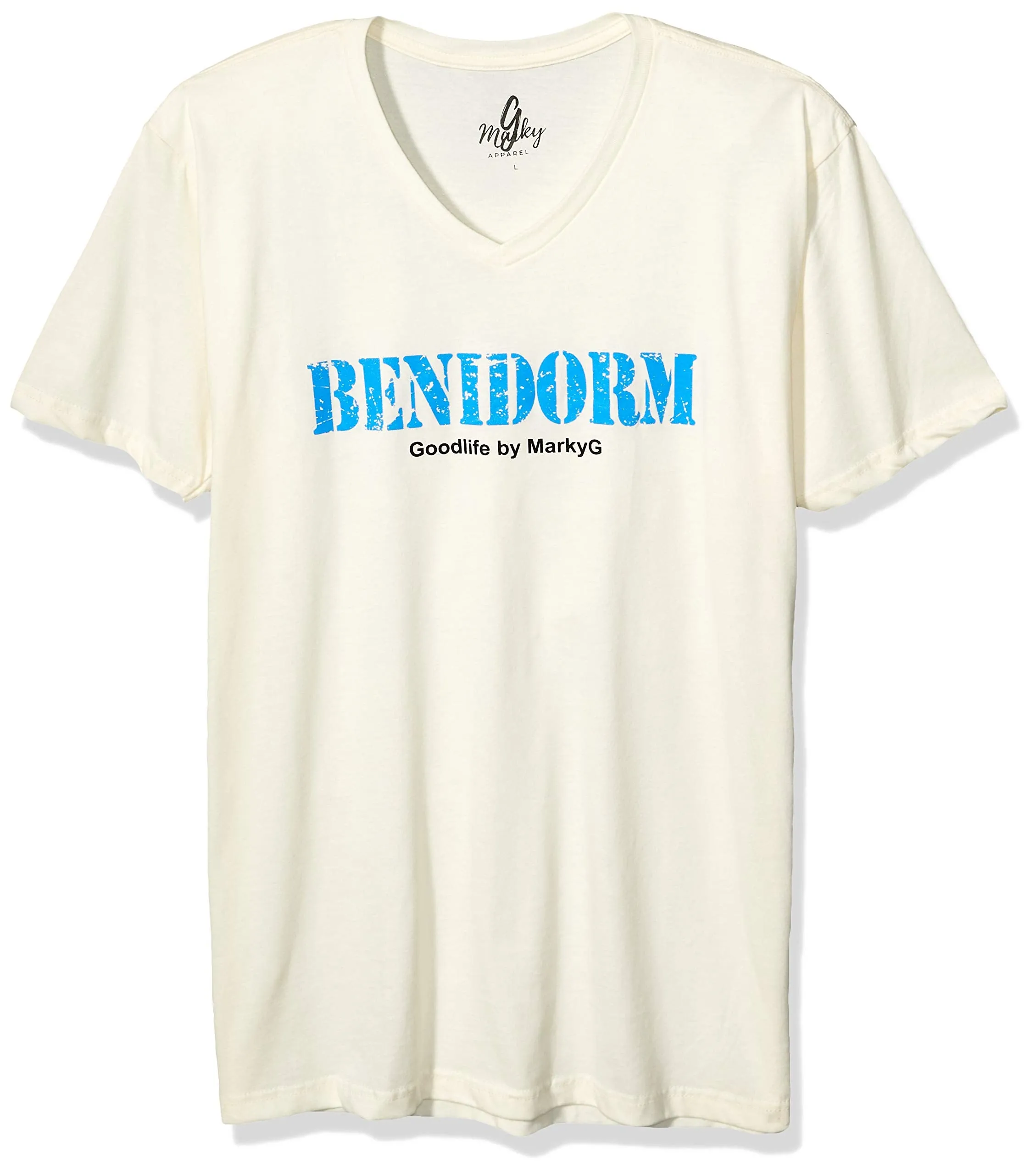 Marky G Apparel Men's Benidorm Graphic Printed Premium Tops Fitted Sueded Short Sleeve V-Neck T-Shirt