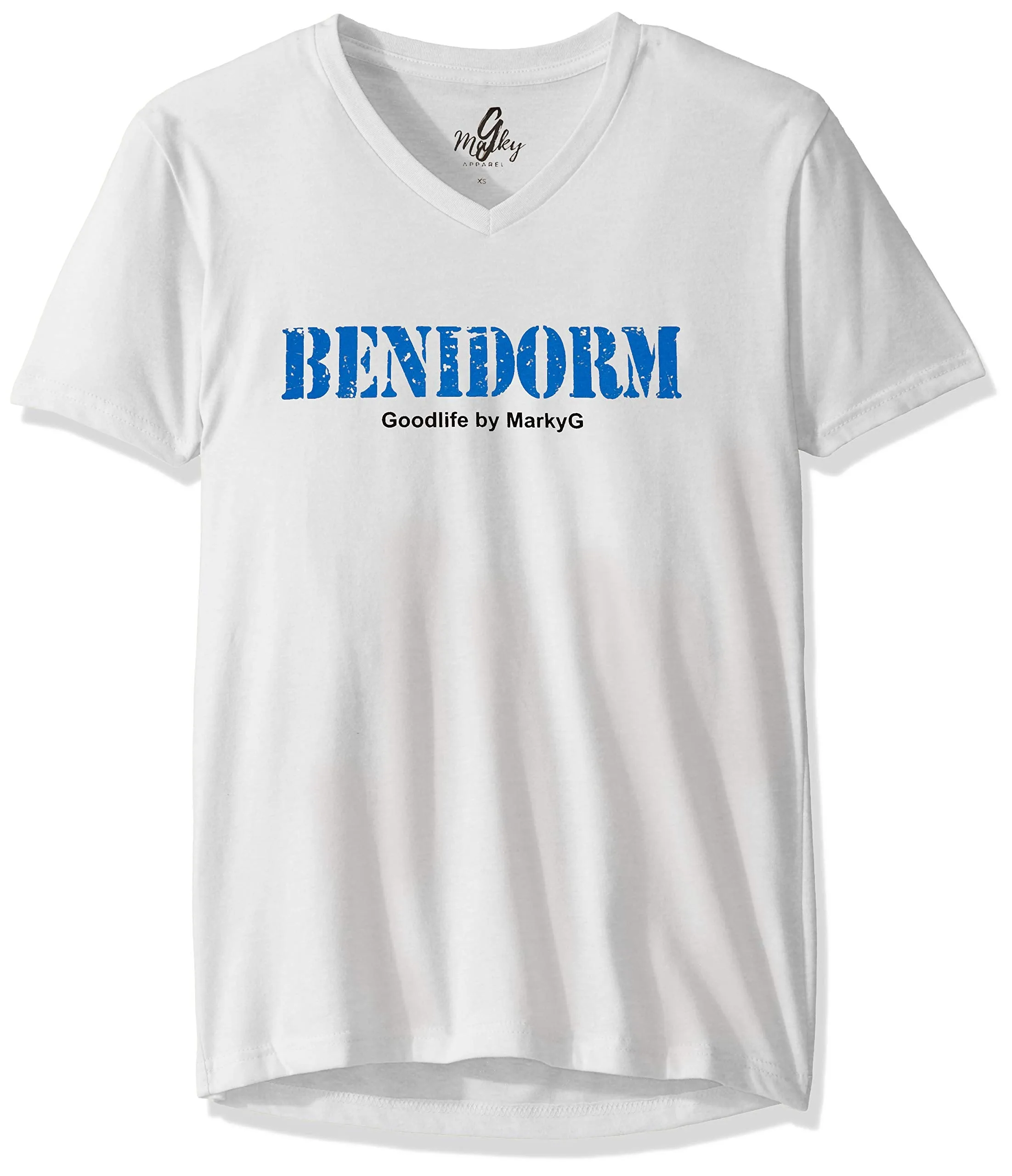 Marky G Apparel Men's Benidorm Graphic Printed Premium Tops Fitted Sueded Short Sleeve V-Neck T-Shirt