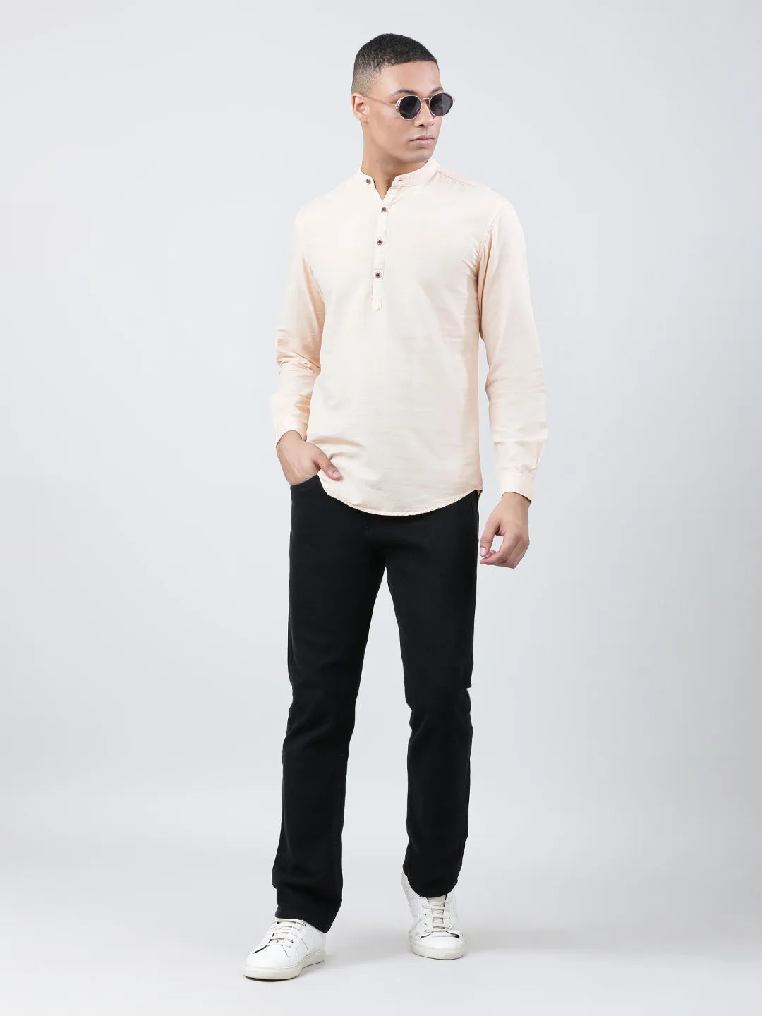 Men Peach Fuzz Slim Fit Cotton Linen Mandarin Collar Solid Casual Kurta
