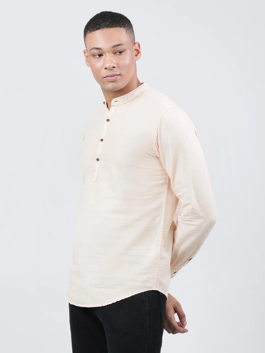 Men Peach Fuzz Slim Fit Cotton Linen Mandarin Collar Solid Casual Kurta