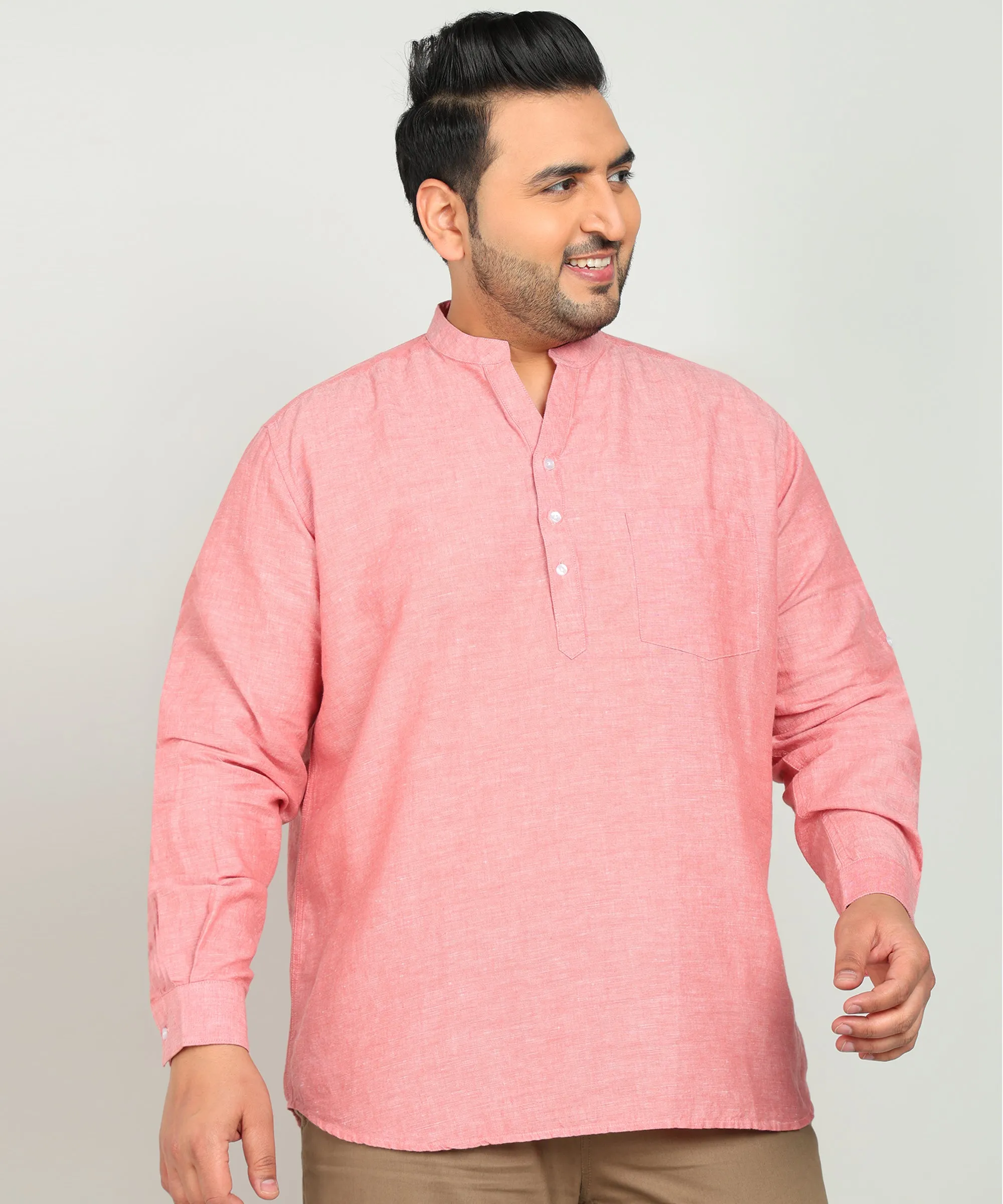 Men Pink Cotton Linen Mandarin Collar Solid Casual Kurta