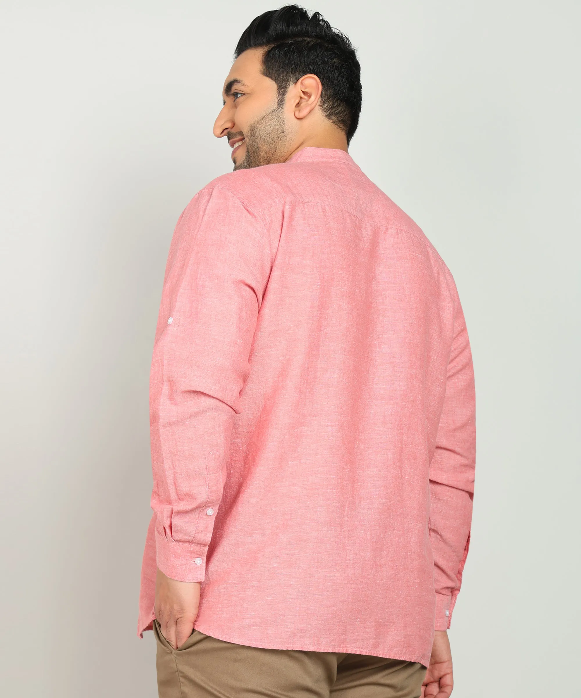 Men Pink Cotton Linen Mandarin Collar Solid Casual Kurta