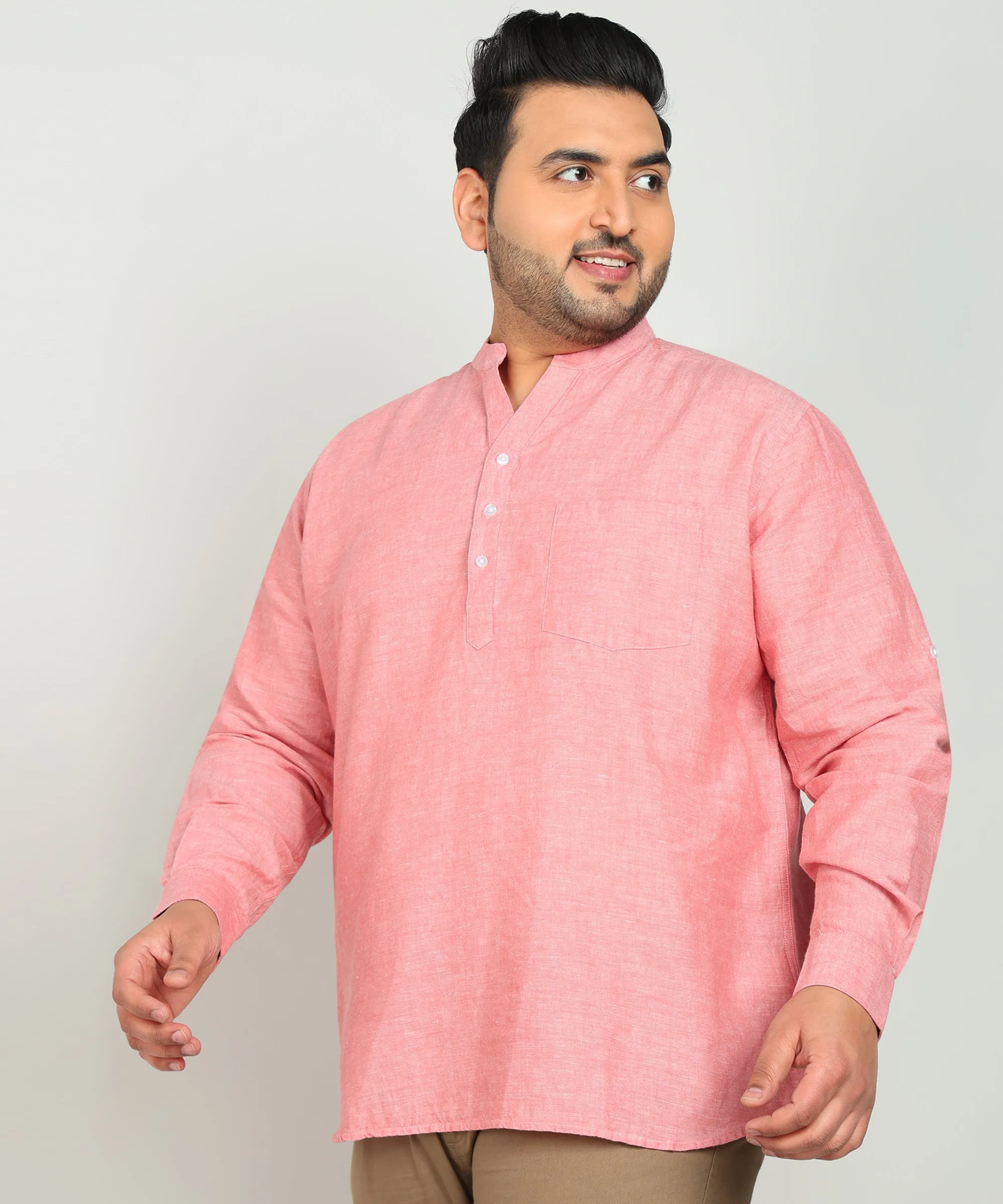 Men Pink Cotton Linen Mandarin Collar Solid Casual Kurta