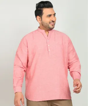 Men Pink Cotton Linen Mandarin Collar Solid Casual Kurta