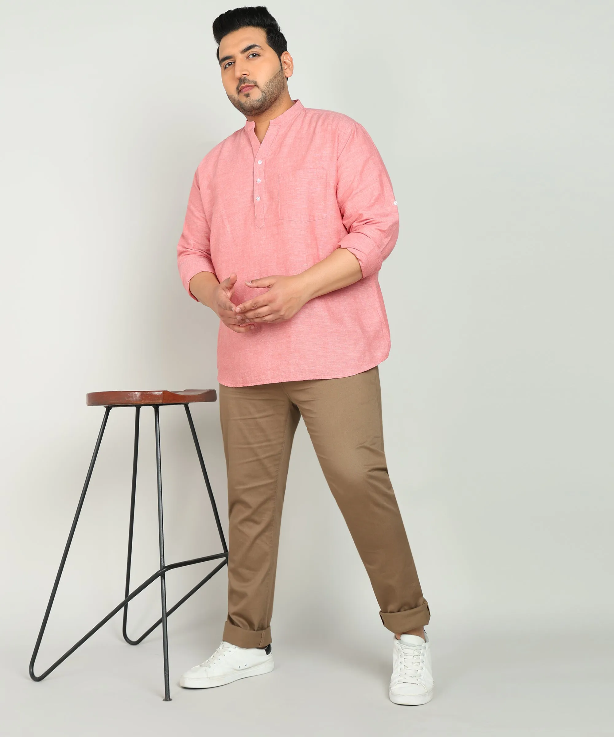 Men Pink Cotton Linen Mandarin Collar Solid Casual Kurta