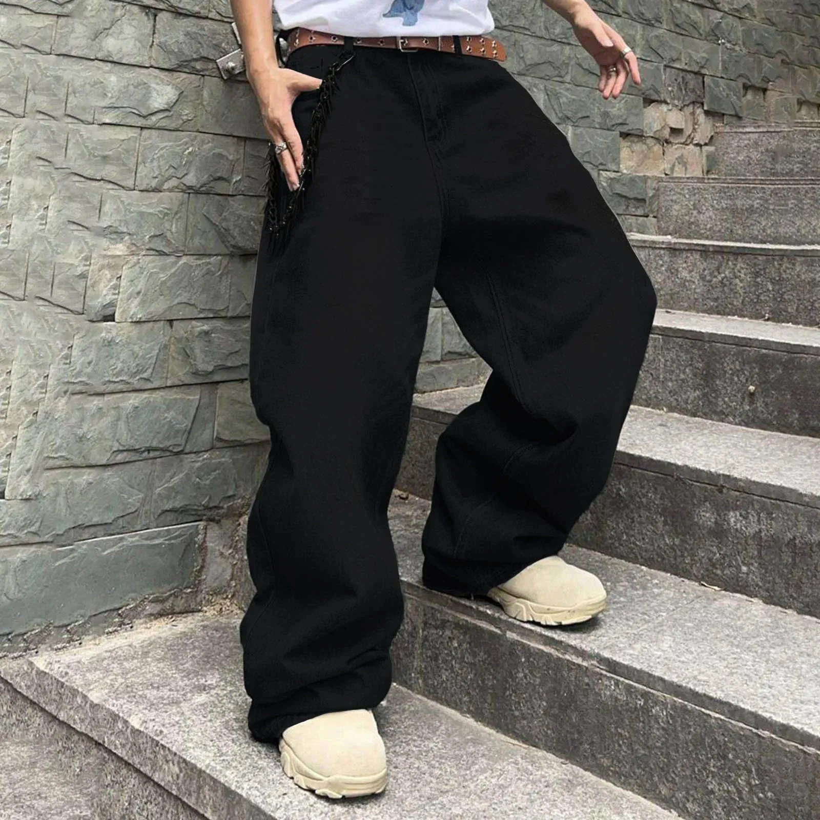 Men'S Baggy Hip Hop Jeans Wide Leg Skater Denim Pants Casual Loose Fit Long Trousers Streetwear Tie Loose Straight Oversize