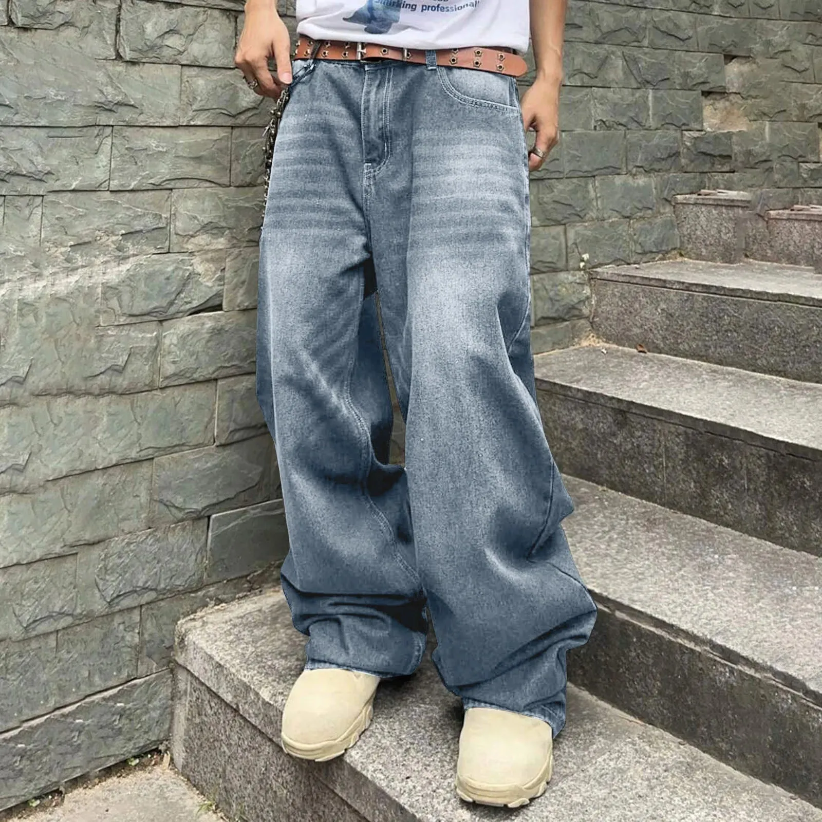 Men'S Baggy Hip Hop Jeans Wide Leg Skater Denim Pants Casual Loose Fit Long Trousers Streetwear Tie Loose Straight Oversize