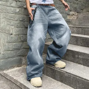 Men'S Baggy Hip Hop Jeans Wide Leg Skater Denim Pants Casual Loose Fit Long Trousers Streetwear Tie Loose Straight Oversize