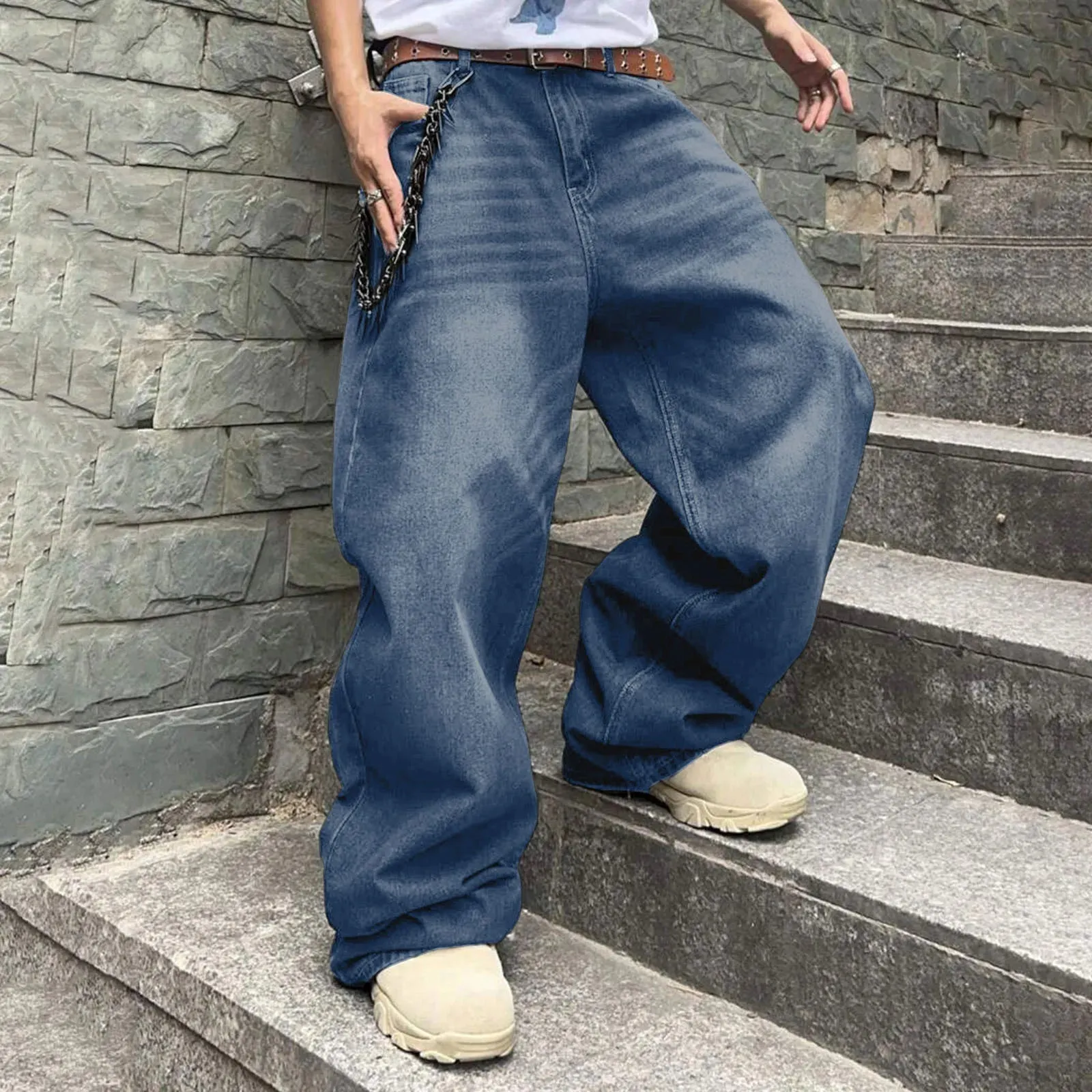 Men'S Baggy Hip Hop Jeans Wide Leg Skater Denim Pants Casual Loose Fit Long Trousers Streetwear Tie Loose Straight Oversize