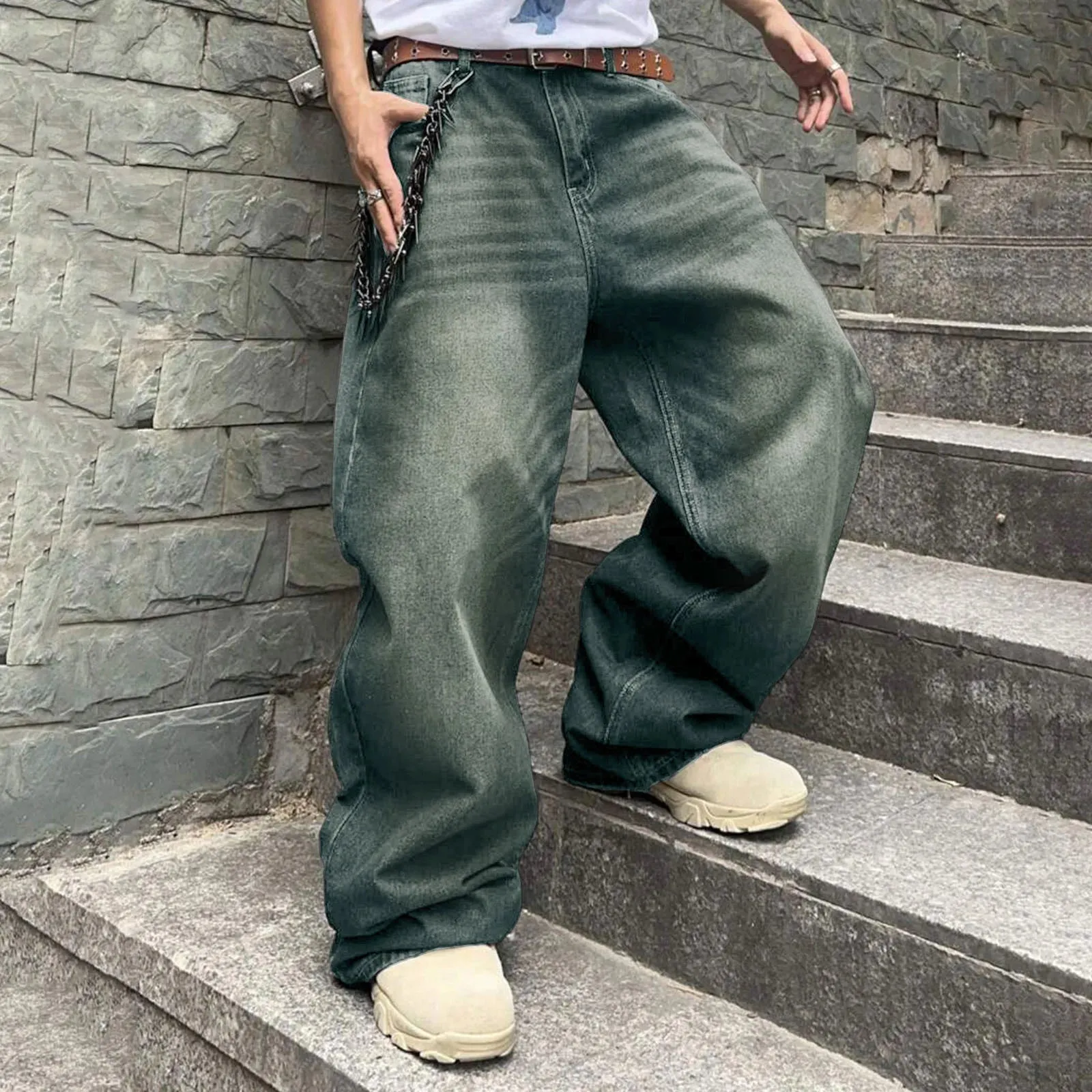 Men'S Baggy Hip Hop Jeans Wide Leg Skater Denim Pants Casual Loose Fit Long Trousers Streetwear Tie Loose Straight Oversize