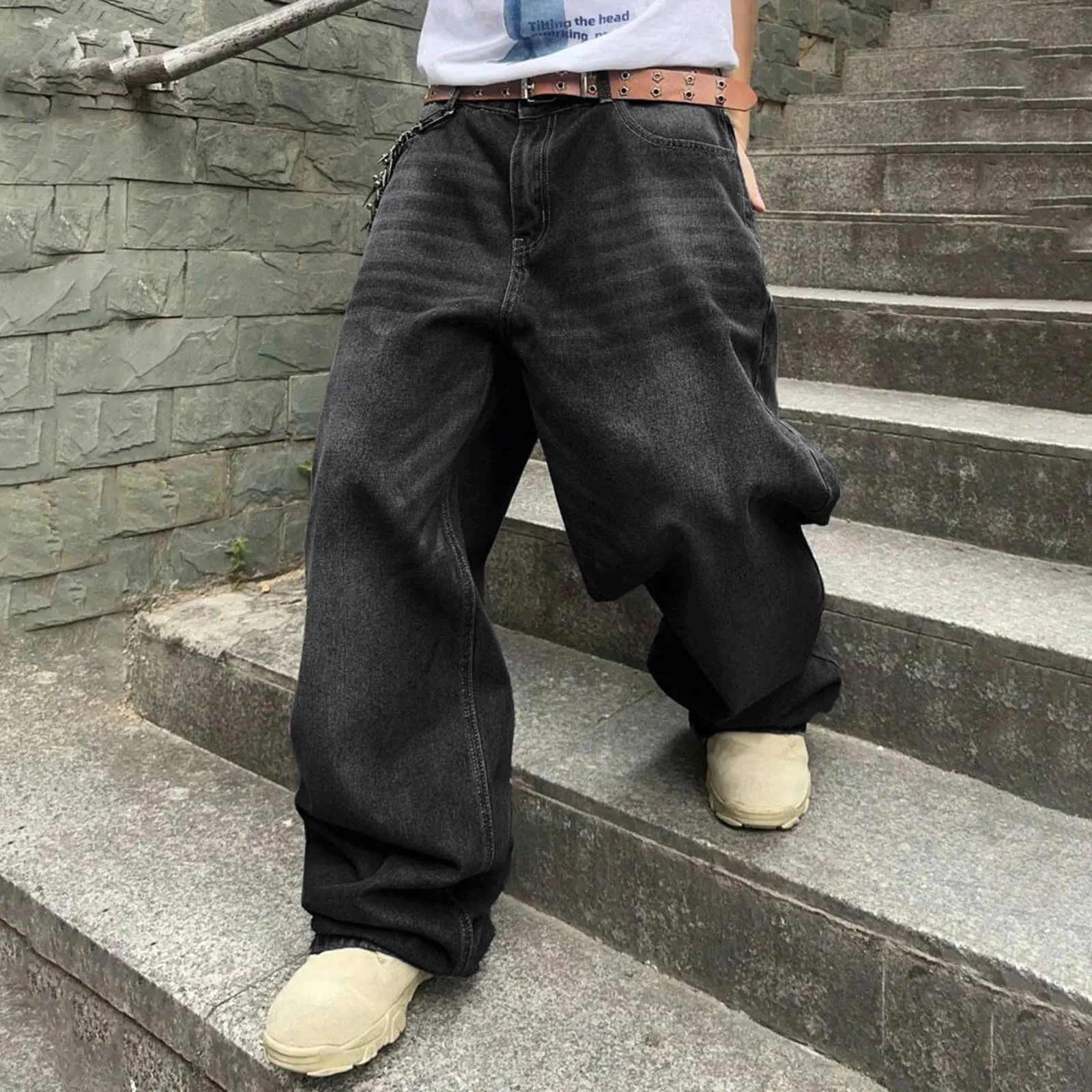 Men'S Baggy Hip Hop Jeans Wide Leg Skater Denim Pants Casual Loose Fit Long Trousers Streetwear Tie Loose Straight Oversize