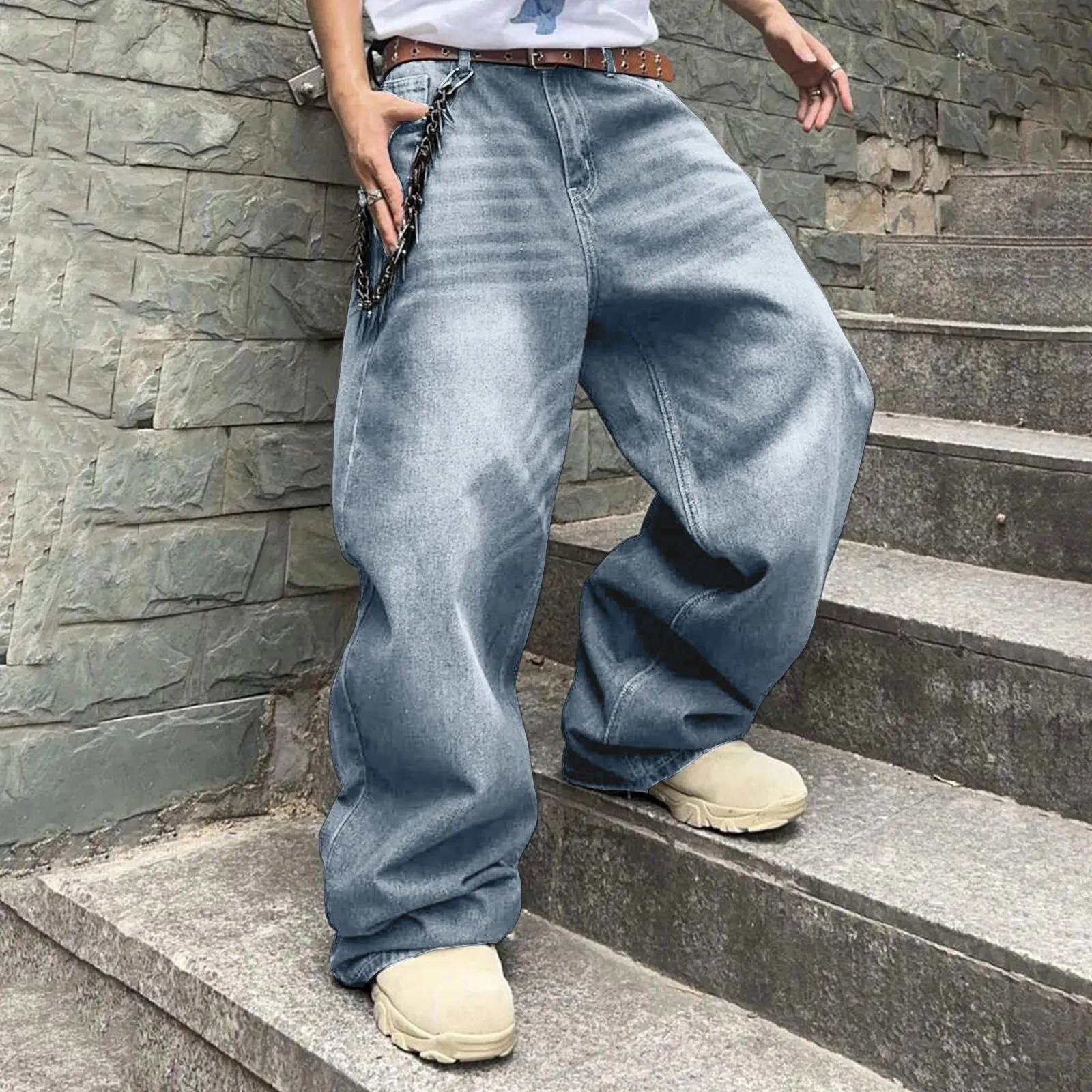 Men'S Baggy Hip Hop Jeans Wide Leg Skater Denim Pants Casual Loose Fit Long Trousers Streetwear Tie Loose Straight Oversize