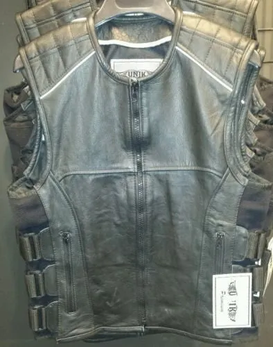 MEN'S BIKER SWAT UPDATED TEAM STYLE LEATHER BIKER VEST WITH SINGLE PANEL BACK