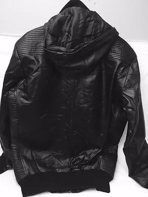 MEN'S BLK  BOMER LEATHER JACKET WITH REMOVABLE HOOD VERY SOFT LEATHER W/ELASTICS