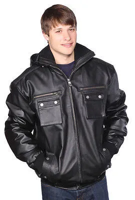 MEN'S BLK  BOMER LEATHER JACKET WITH REMOVABLE HOOD VERY SOFT LEATHER W/ELASTICS