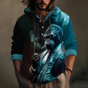 Men's Cool Monkey Gentleman Smoking Print Hooded Shirt