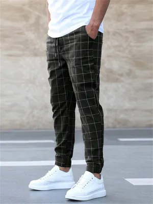 Men's Cool Street Style Lace Up Slim Fit Grid Pants