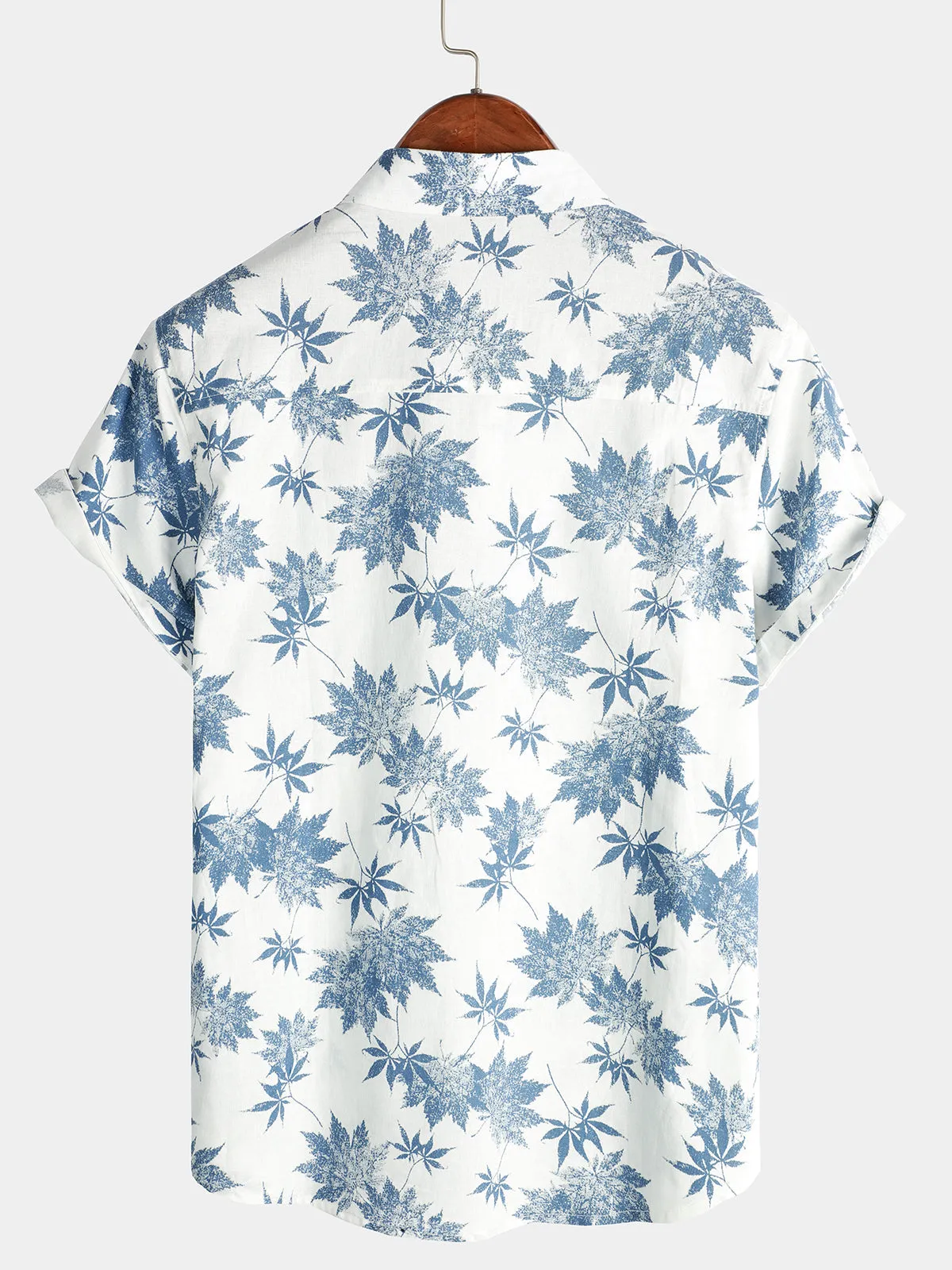 Men's Cotton Linen Maple Leaf Print Breathable Short Sleeve Shirt