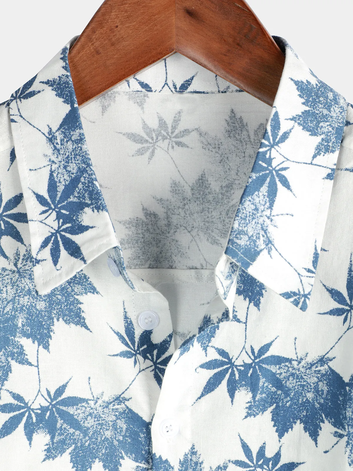 Men's Cotton Linen Maple Leaf Print Breathable Short Sleeve Shirt