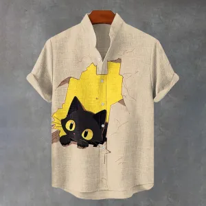 Men's Cute Black Cat Crack Art Print Shirt