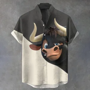 Men's Cute Cartoon Cow Color Block Art Print Shirt 2409009514