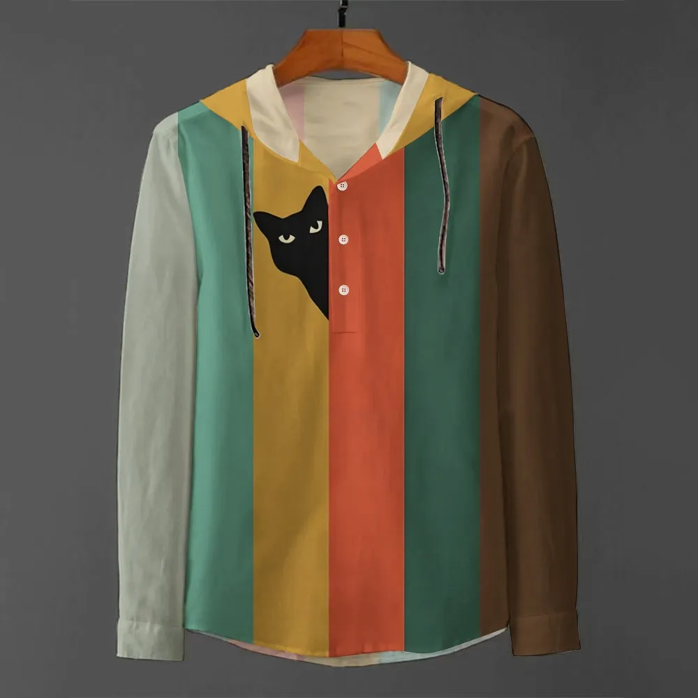 Men's Fun Cat Color Matching Art Printed Hooded Shirt 2408003245