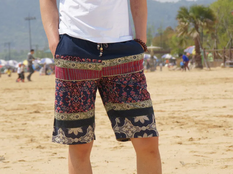 Men's linen shorts personality ethnic style color stitching summer leisure wild men loose floral beach shorts