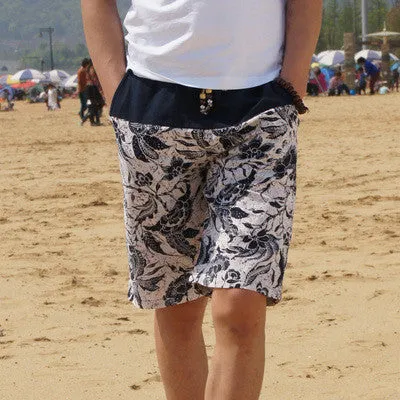 Men's linen shorts personality ethnic style color stitching summer leisure wild men loose floral beach shorts