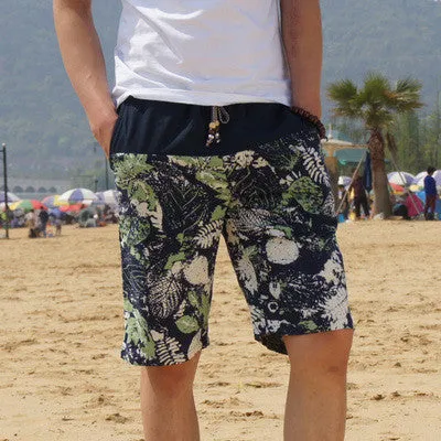Men's linen shorts personality ethnic style color stitching summer leisure wild men loose floral beach shorts