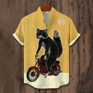 Men's Raccoon Riding Motorcycle Art Print Linen Blend Shirt